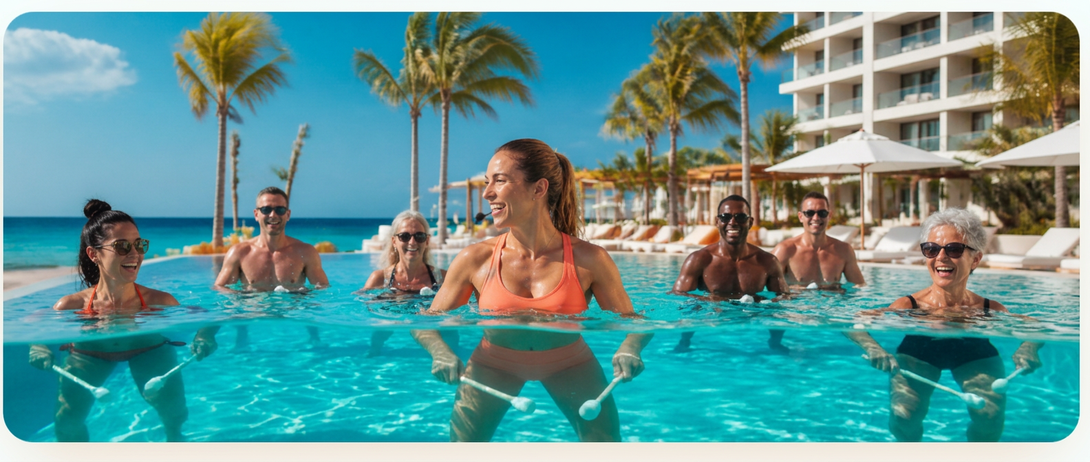 Aqua Resorts poolside drumming experience with guests in a tropical resort pool